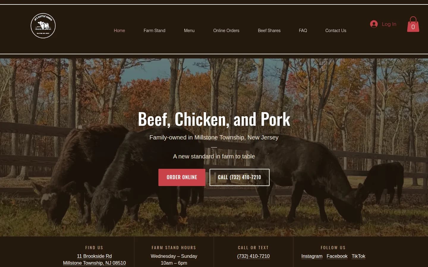 JR's Cattle Ranch website: Black Angus cattle grazing in an autumn pasture under the headline "Beef, Chicken, and Pork" with Order Online and Call buttons