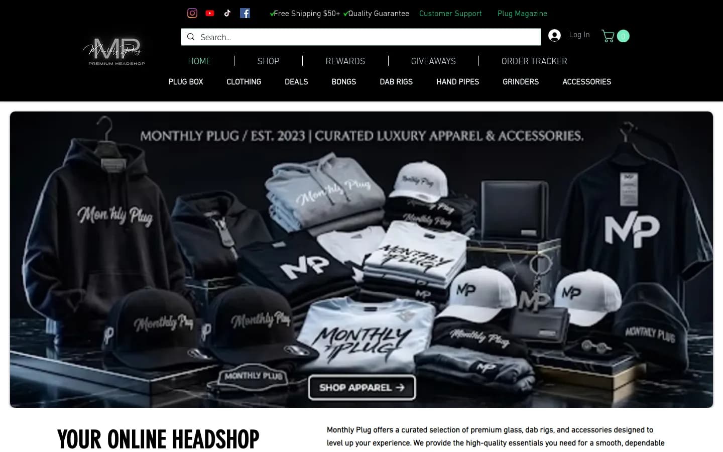 MonthlyPlug storefront: black header with Plug Box, Clothing and Deals navigation above a banner of branded Monthly Plug apparel